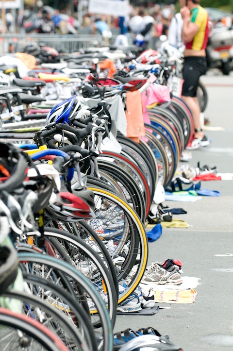 Triathlon Transition with Bikes In It